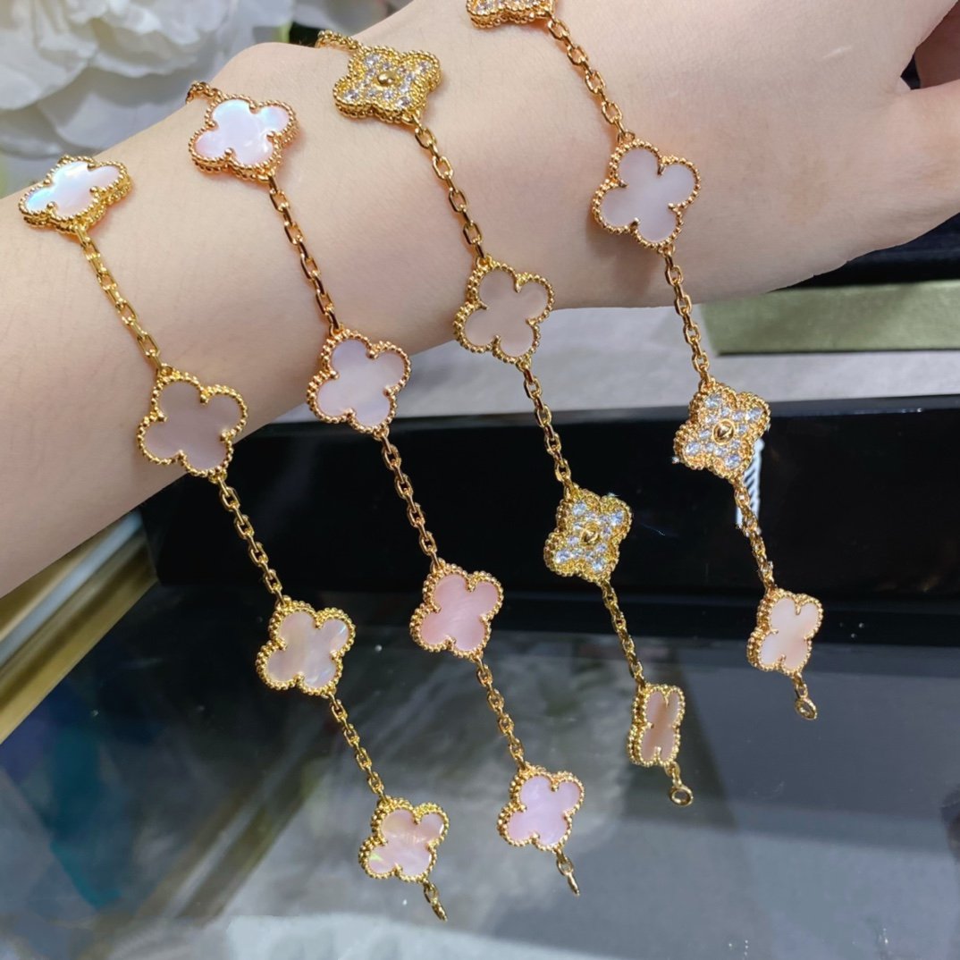 [Rosla]CLOVER 5 MOTIF DIAMOND PINK MOP PINK GOLD BRACELET