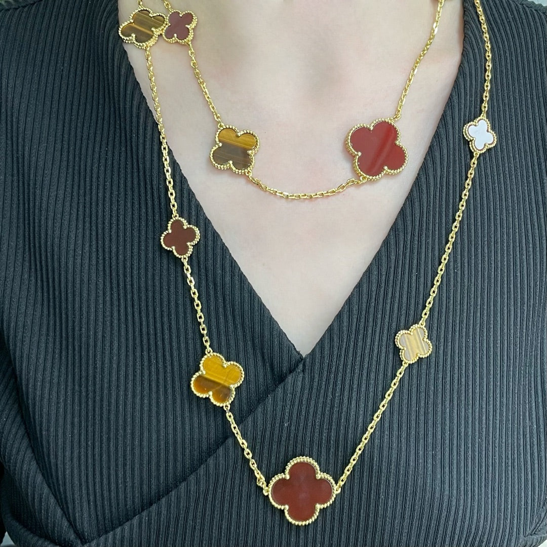 [Rosla]CLOVER 16 MOTIF CARNELIAN TIGER EYE ROSE GOLD NECKLACE