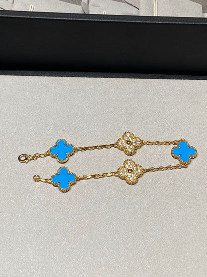[Rosla]CLOVER 5 MOTIF BLUE CHALCEDONY DIAMOND GOLD BRACELET