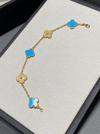 [Rosla]CLOVER 5 MOTIF BLUE CHALCEDONY DIAMOND GOLD BRACELET