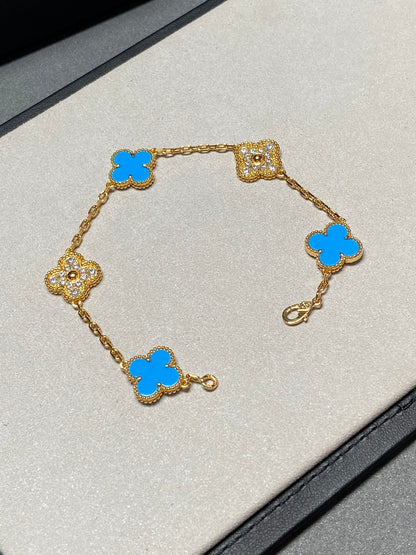 [Rosla]CLOVER 5 MOTIF BLUE CHALCEDONY DIAMOND GOLD BRACELET