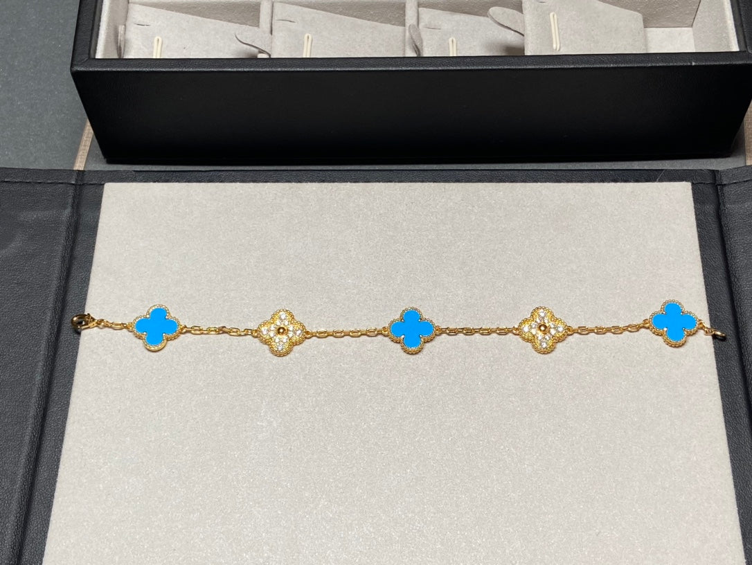 [Rosla]CLOVER 5 MOTIF BLUE CHALCEDONY DIAMOND GOLD BRACELET