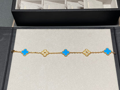 [Rosla]CLOVER 5 MOTIF BLUE CHALCEDONY DIAMOND GOLD BRACELET