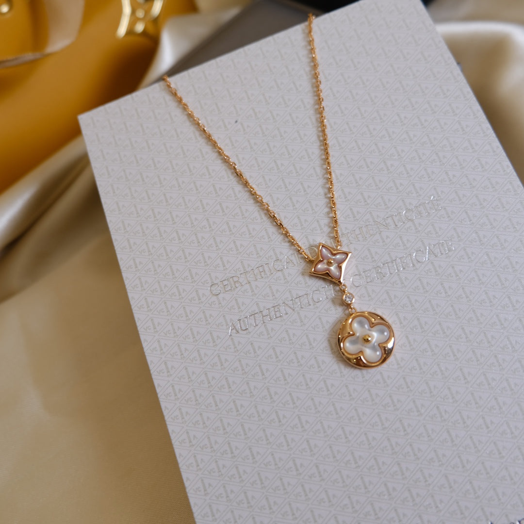 [Rosla]STAR AND SUN WHITE MOP 2 MOTIF PINK GOLD NECKLACE