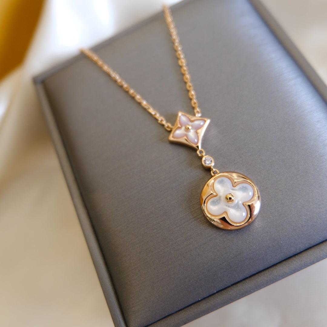 [Rosla]STAR AND SUN WHITE MOP 2 MOTIF PINK GOLD NECKLACE