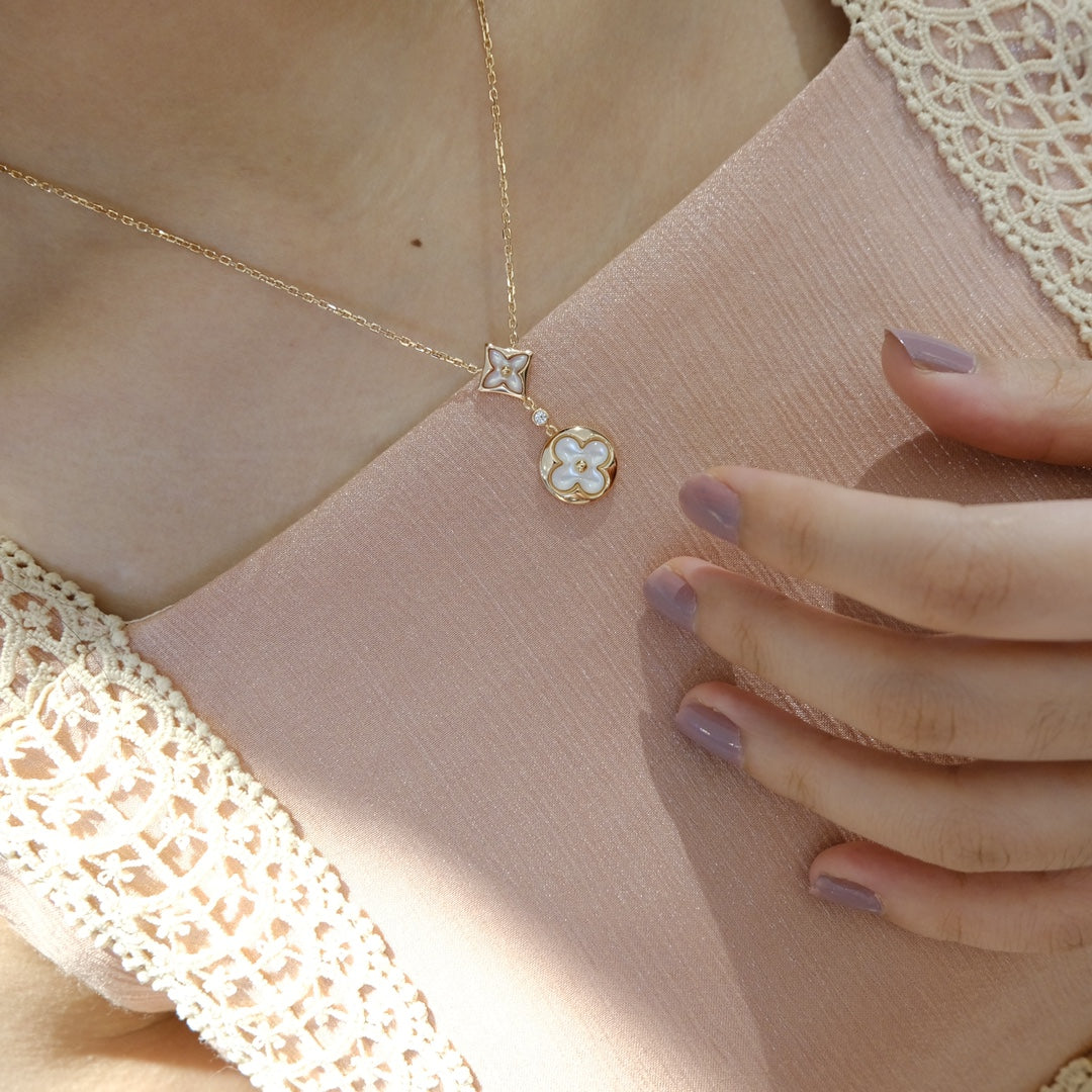 [Rosla]STAR AND SUN WHITE MOP 2 MOTIF PINK GOLD NECKLACE