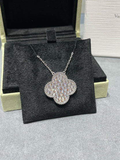[Rosla]CLOVER 25MM LARGE PENDANT DIAMOND PAVED SILVER NECKLACE