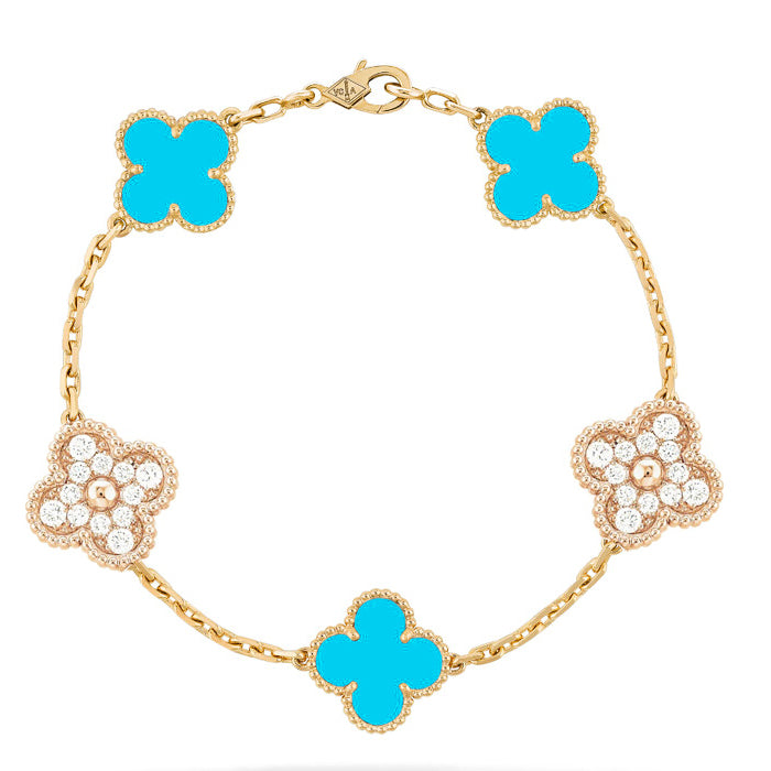 [Rosla]CLOVER 5 MOTIF TURQUOISE DIAMOND GOLD BRACELET