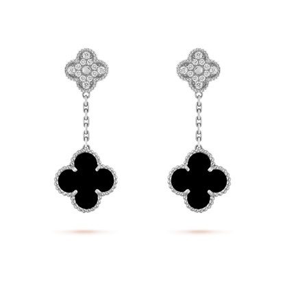 [Rosla]CLOVER 2 MOTIFS  DIAMOND ONYX EARRINGS SILVER