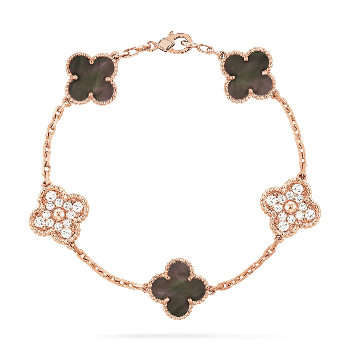 [Rosla]CLOVER 5 MOTIFS DARK MOP AND DIAMONDS PINK GOLD BRACELET