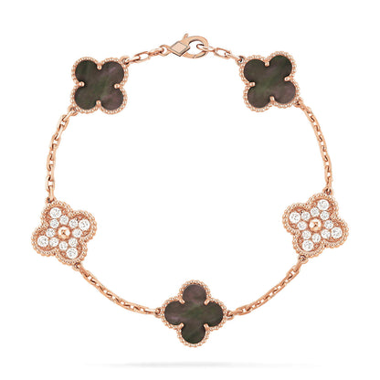 [Rosla]CLOVER 5 MOTIFS DARK MOP AND DIAMONDS PINK GOLD BRACELET
