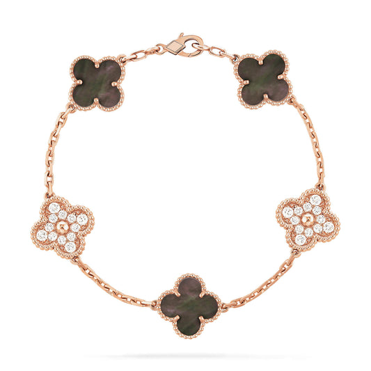 [Rosla]CLOVER 5 MOTIFS DARK MOP AND DIAMONDS PINK GOLD BRACELET