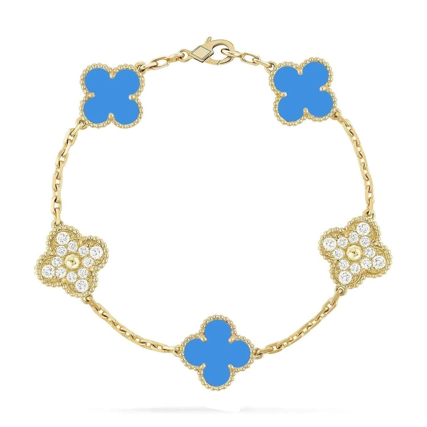[Rosla]CLOVER 5 MOTIF BLUE CHALCEDONY DIAMOND GOLD BRACELET