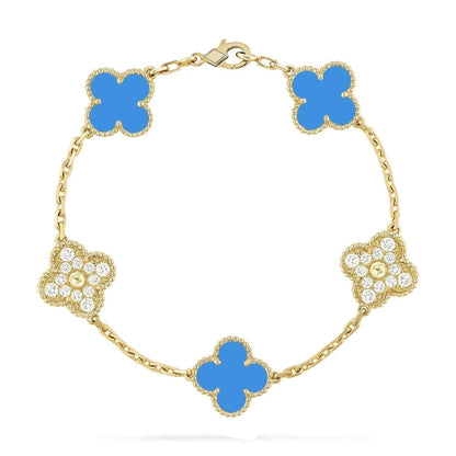 [Rosla]CLOVER 5 MOTIF BLUE CHALCEDONY DIAMOND GOLD BRACELET