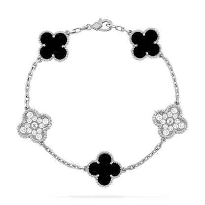 [Rosla]CLOVER 5 MOTIF ONYXS DIAMOND BRACELET SILVER