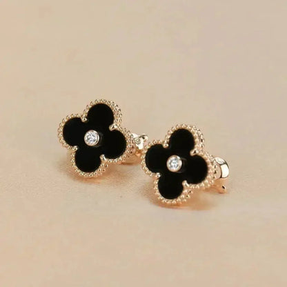 [Rosla]CLOVER MEDIUM 1 MOTIFS ONYX DIAMOND EARRINGS