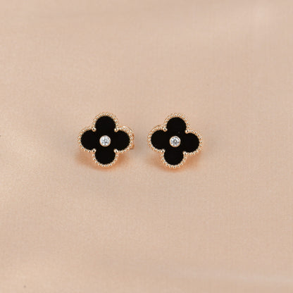 [Rosla]CLOVER MEDIUM 1 MOTIFS ONYX DIAMOND EARRINGS