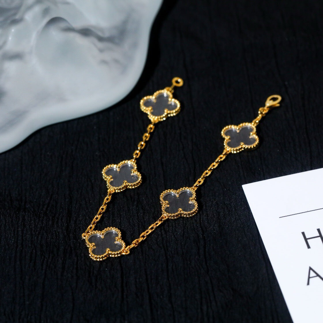 [Rosla]CLOVER 5 MOTIF ROCK CRYSTAL PINK GOLD BRACELET