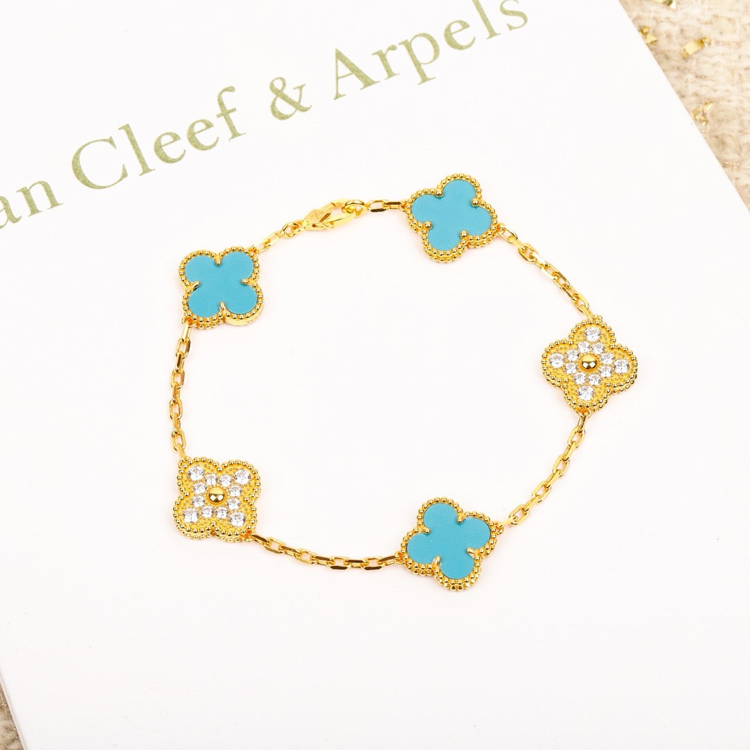 [Rosla]CLOVER 5 MOTIF TURQUOISE DIAMOND GOLD BRACELET
