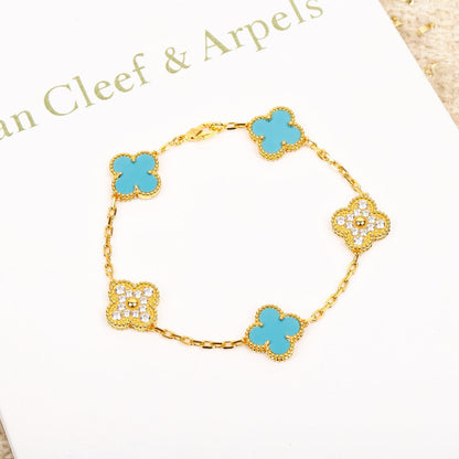 [Rosla]CLOVER 5 MOTIF TURQUOISE DIAMOND GOLD BRACELET