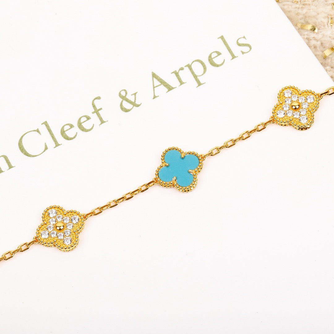 [Rosla]CLOVER 5 MOTIF TURQUOISE DIAMOND GOLD BRACELET