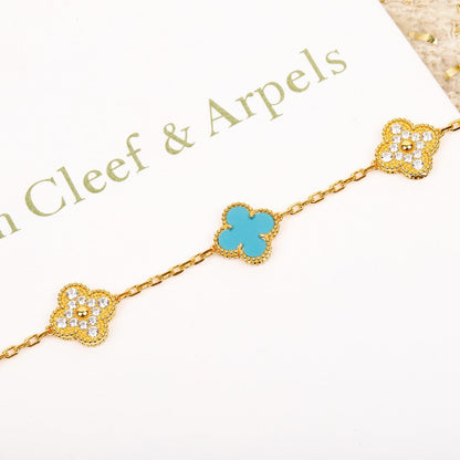 [Rosla]CLOVER 5 MOTIF TURQUOISE DIAMOND GOLD BRACELET