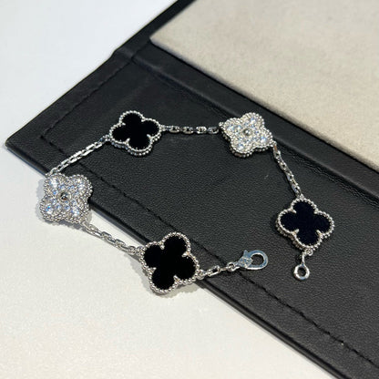 [Rosla]CLOVER 5 MOTIF ONYXS DIAMOND BRACELET SILVER