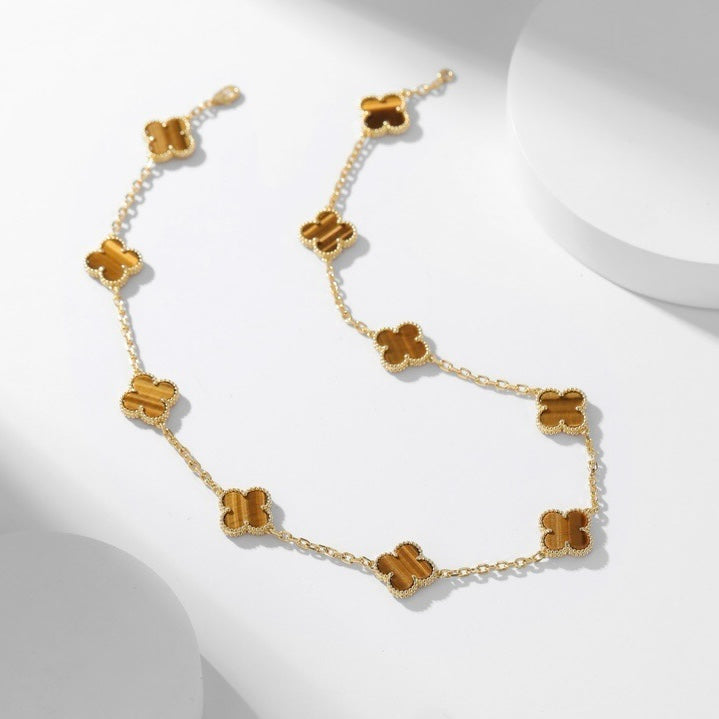 [Rosla]CLOVER 10 MOTIFS TIGER EYE NECKLACE