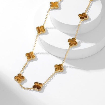 [Rosla]CLOVER 10 MOTIFS TIGER EYE NECKLACE