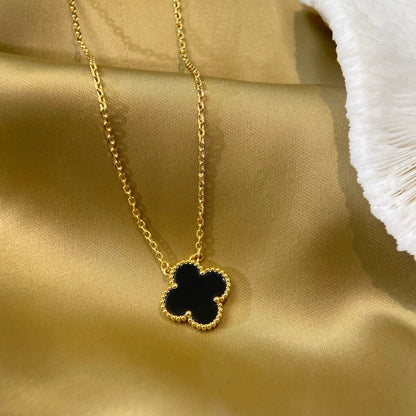 [Rosla]CLOVER 15MM BLACK ONYX SINGLE FLOWER NECKLACE