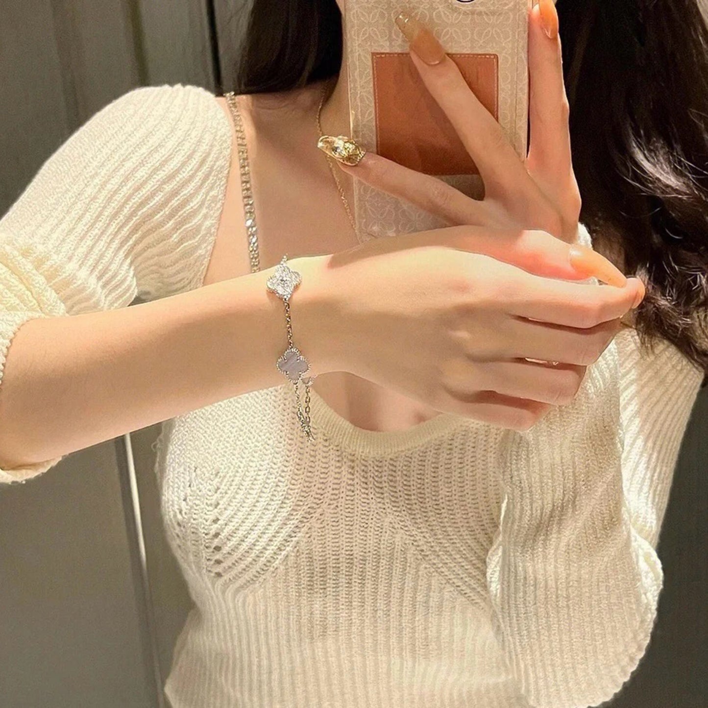 [Rosla]CLOVER  5 MOTIF DIAMOND PURPLE CHALCEDONY BRACELET SILVER