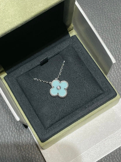 [Rosla]CLOVER 1 DIAMOND LIGHT BLUE SILVER NECKLACE