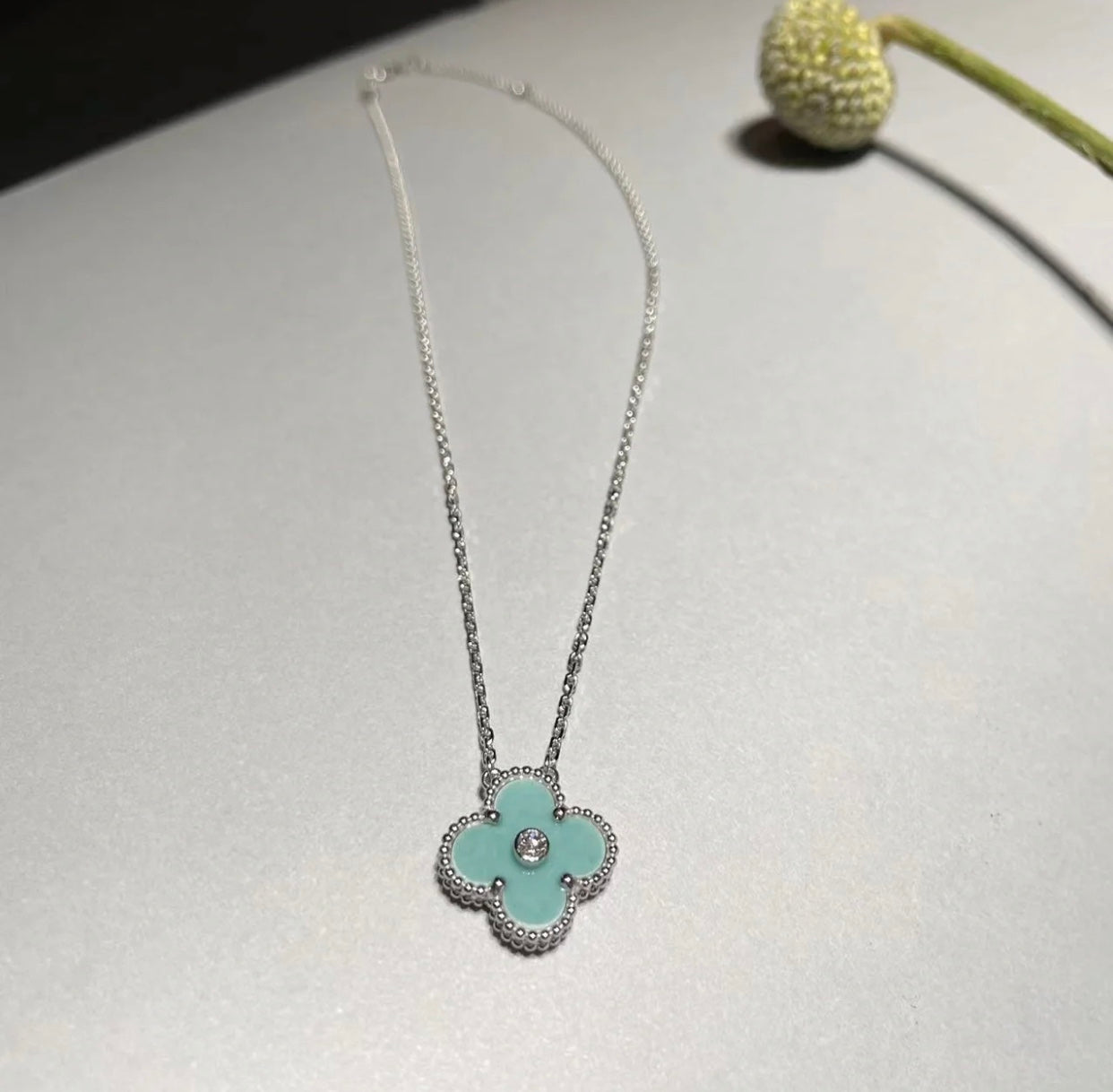 [Rosla]CLOVER 1 DIAMOND LIGHT BLUE SILVER NECKLACE