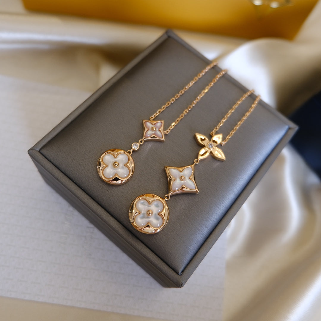 [Rosla]COLOR BLOSSOM LARIAT NECKLACE PINK GOLD WHITE MOTHER PEARL AND DIAMOND