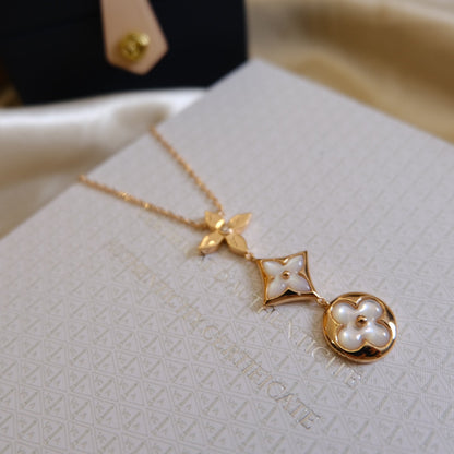 [Rosla]COLOR BLOSSOM LARIAT NECKLACE PINK GOLD WHITE MOTHER PEARL AND DIAMOND