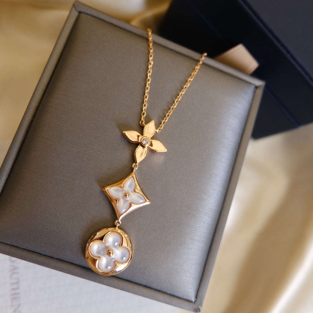 [Rosla]COLOR BLOSSOM LARIAT NECKLACE PINK GOLD WHITE MOTHER PEARL AND DIAMOND