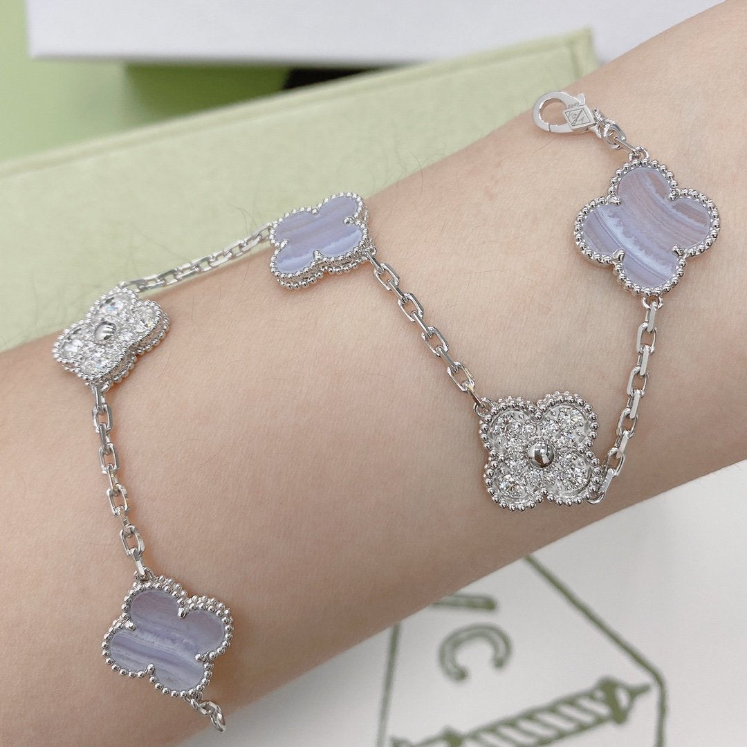 [Rosla]CLOVER  5 MOTIF DIAMOND PURPLE CHALCEDONY BRACELET SILVER