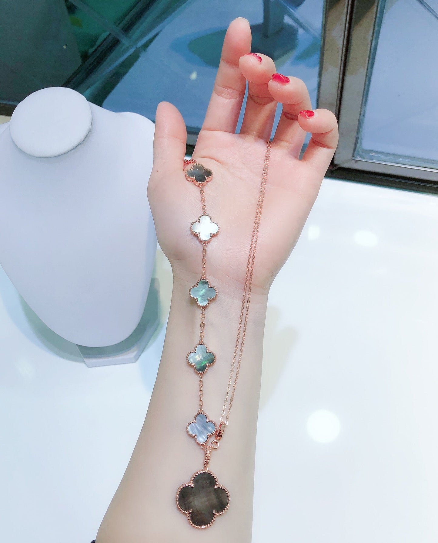 [Rosla]COMBINED BRACELET 5 MOTIFS AND NECKLACE DARK MOP ROSE GOLD