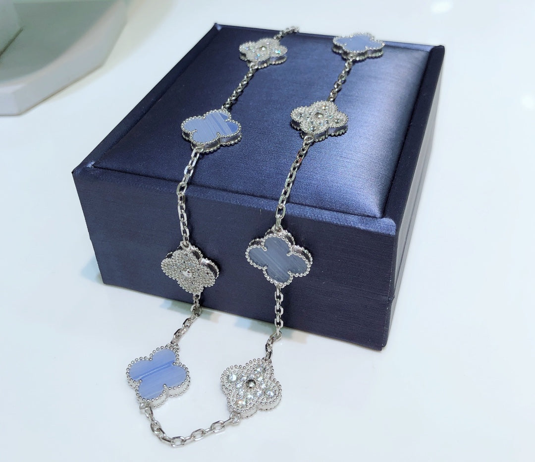 [Rosla]CLOVER 10 MOTIFS CHALCEDONY DIAMONDS SILVER NECKLACE