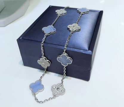 [Rosla]CLOVER 10 MOTIFS CHALCEDONY DIAMONDS SILVER NECKLACE