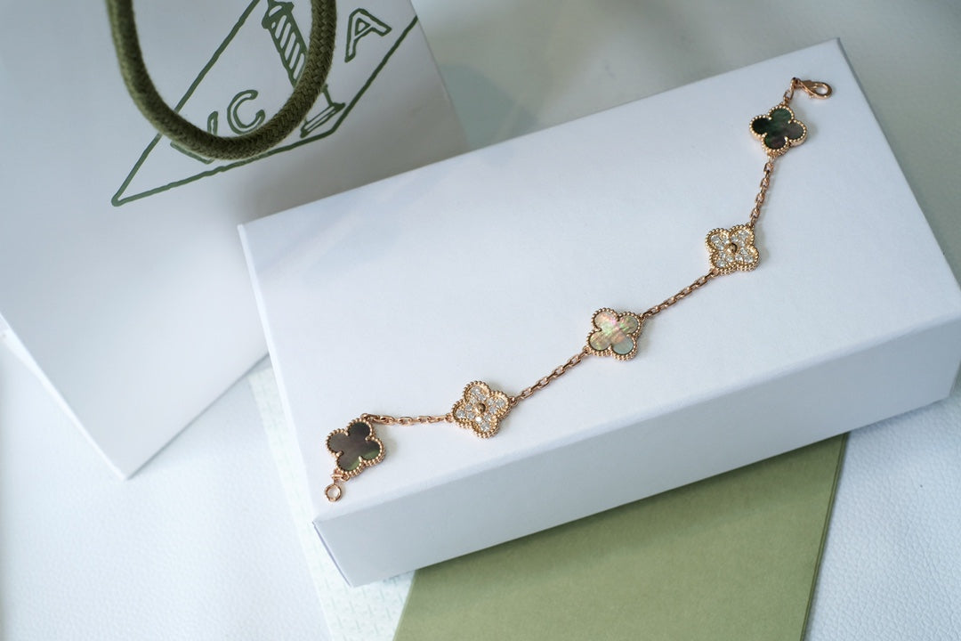 [Rosla]CLOVER 5 MOTIFS DARK MOP AND DIAMONDS PINK GOLD BRACELET