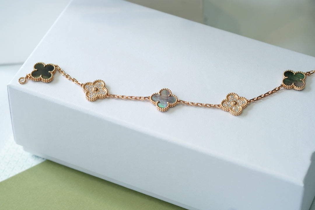 [Rosla]CLOVER 5 MOTIFS DARK MOP AND DIAMONDS PINK GOLD BRACELET