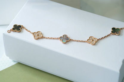[Rosla]CLOVER 5 MOTIFS DARK MOP AND DIAMONDS PINK GOLD BRACELET