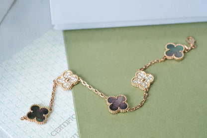 [Rosla]CLOVER 5 MOTIFS DARK MOP AND DIAMONDS PINK GOLD BRACELET